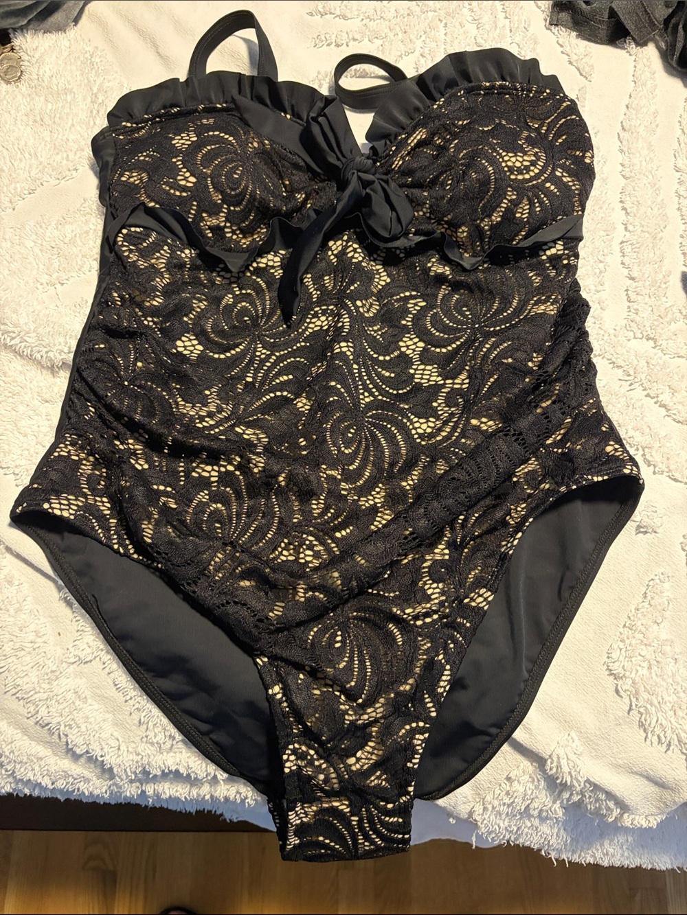 Black Lace-Overlay One-Piece Swimsuit with Gold Underlay